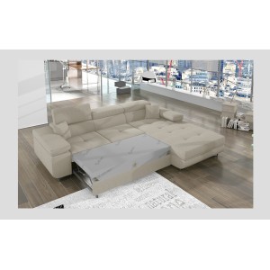 Canapé d’angle convertible AMANDA beige velours côtelé avec coffre 