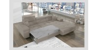 Canapé d’angle convertible AMANDA beige foncé velours côtelé avec coffre 