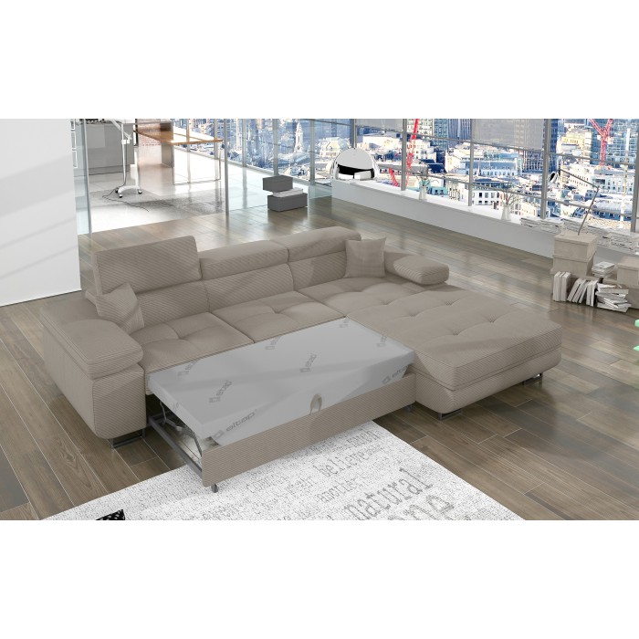 Canapé d’angle convertible AMANDA beige foncé velours côtelé avec coffre 