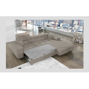 Canapé d’angle convertible AMANDA beige foncé velours côtelé avec coffre 