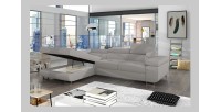 Canapé d’angle convertible AMANDA gris clair velours côtelé avec coffre gauche 