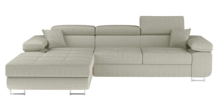 Canapé d’angle convertible AMANDA beige clair velours côtelé avec coffre gauche 