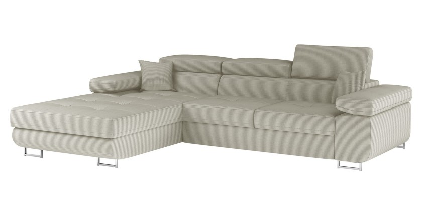 Canapé d’angle convertible AMANDA beige clair velours côtelé avec coffre gauche 