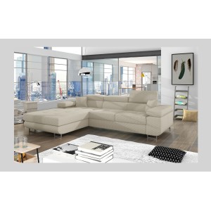 Canapé d’angle convertible AMANDA beige clair velours côtelé avec coffre gauche 