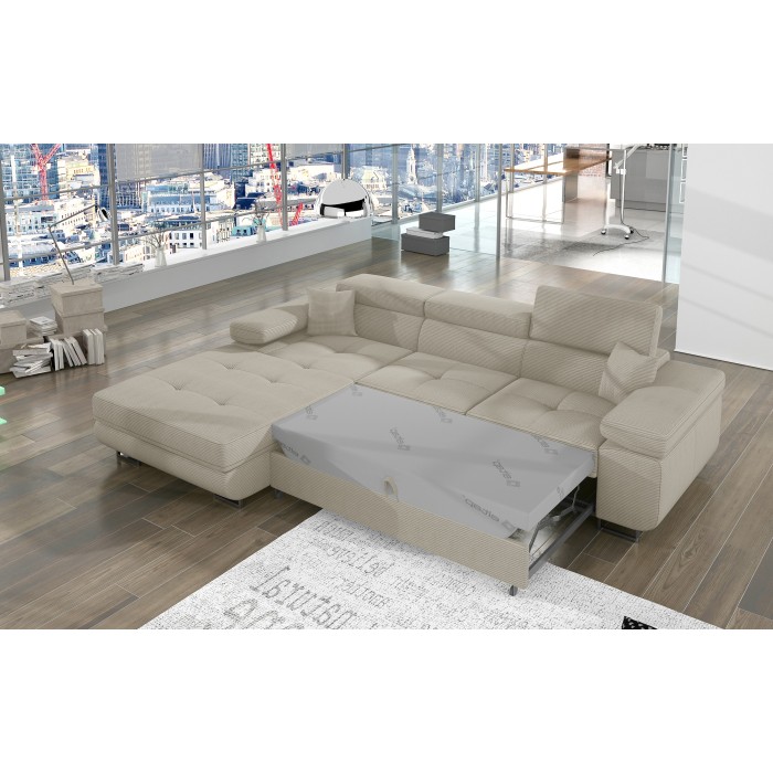 Canapé d’angle convertible AMANDA beige clair velours côtelé avec coffre gauche 