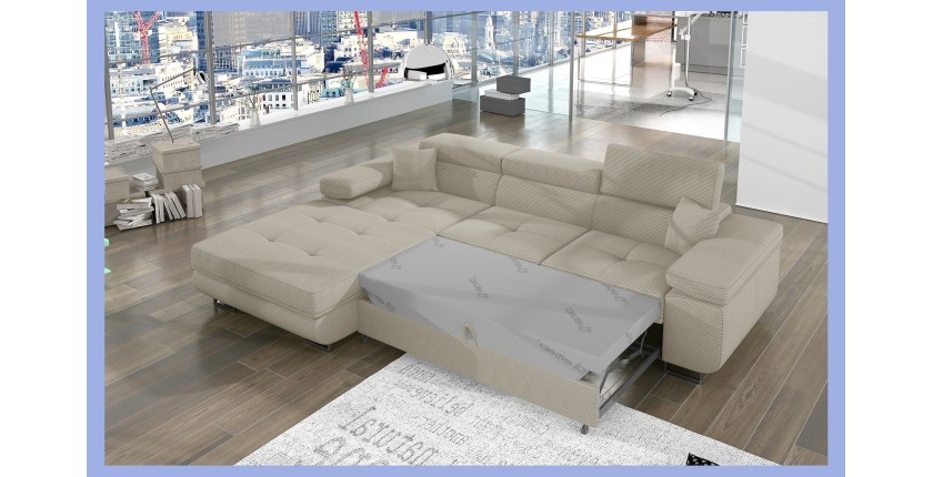 Canapé d’angle convertible AMANDA beige clair velours côtelé avec coffre gauche 