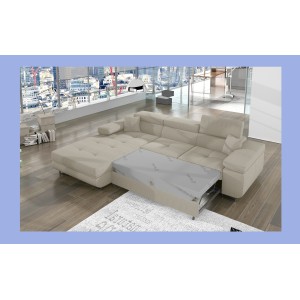 Canapé d’angle convertible AMANDA beige clair velours côtelé avec coffre gauche 