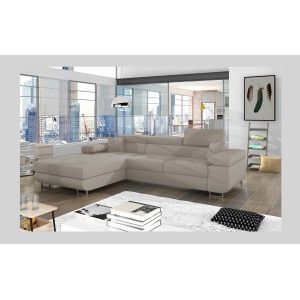 Canapé d’angle convertible AMANDA beige clair velours côtelé avec coffre gauche 