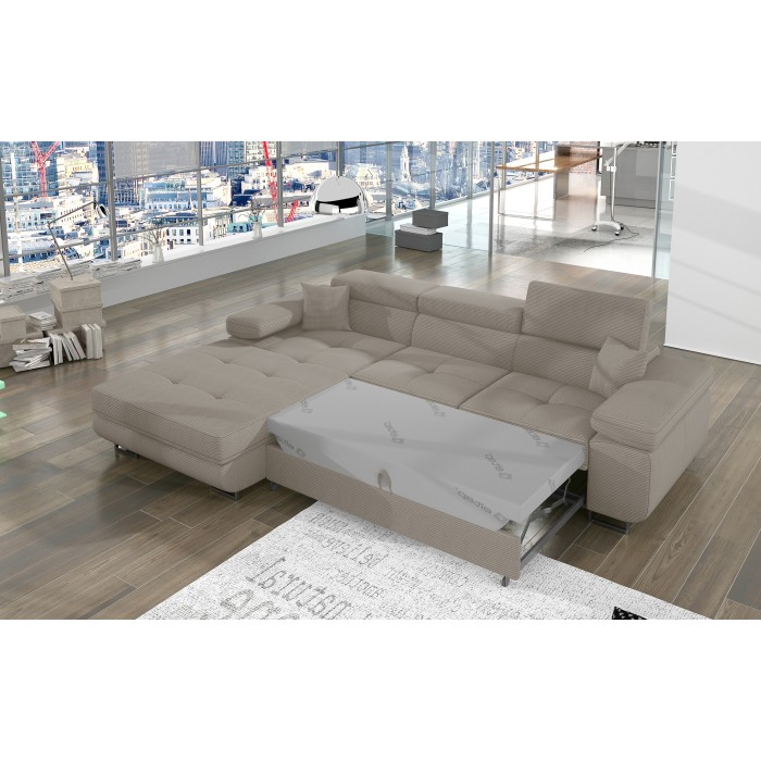 Canapé d’angle convertible AMANDA beige clair velours côtelé avec coffre gauche 