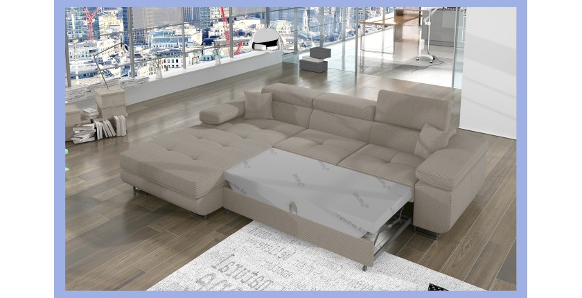 Canapé d’angle convertible AMANDA beige clair velours côtelé avec coffre gauche 