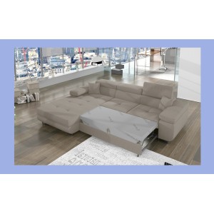 Canapé d’angle convertible AMANDA beige clair velours côtelé avec coffre gauche 