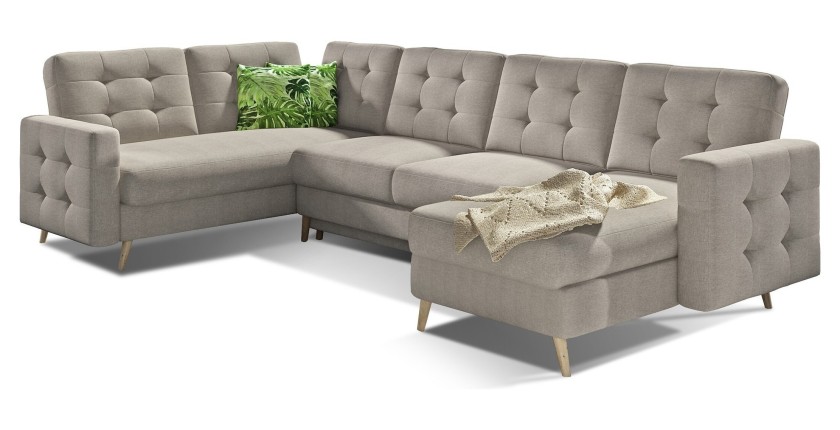 Canapé d’angle panoramique convertible HASGARD U 326 cm sable avec coffre 