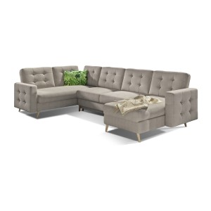 Canapé d’angle panoramique convertible HASGARD U 326 cm sable avec coffre 