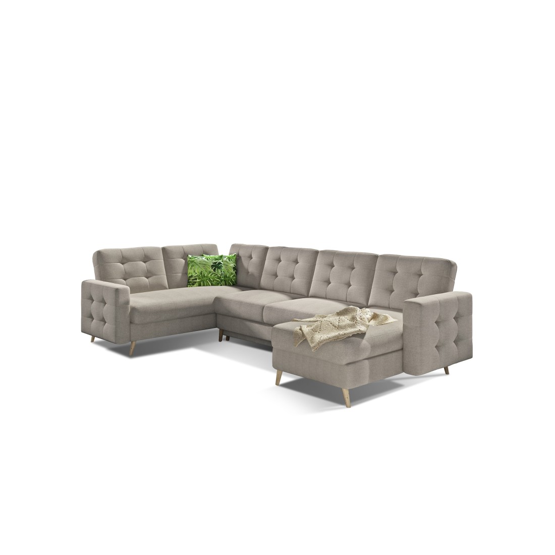Canapé d’angle panoramique convertible HASGARD U 326 cm sable avec coffre 