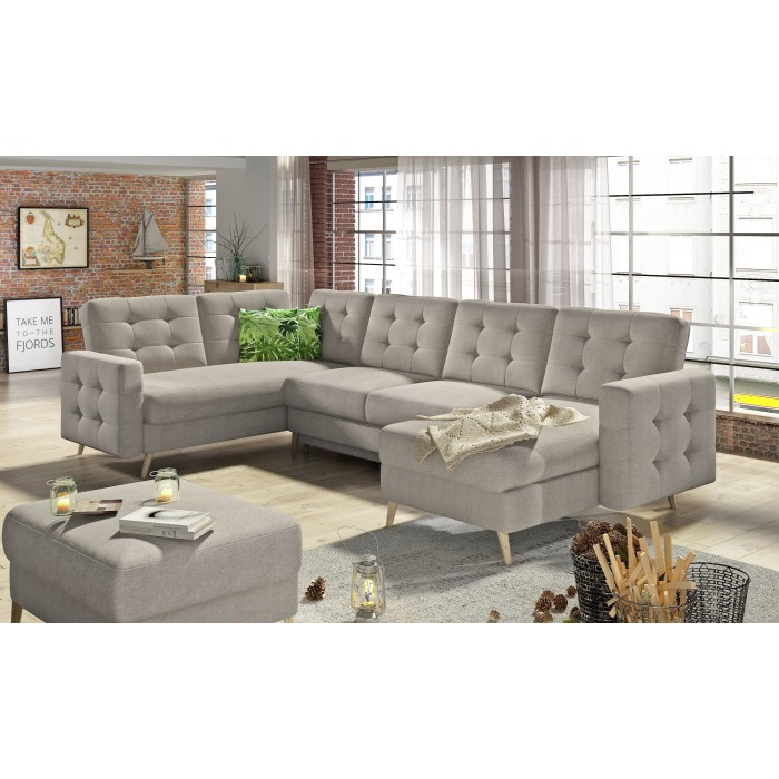 Canapé d’angle panoramique convertible HASGARD U 326 cm sable avec coffre 