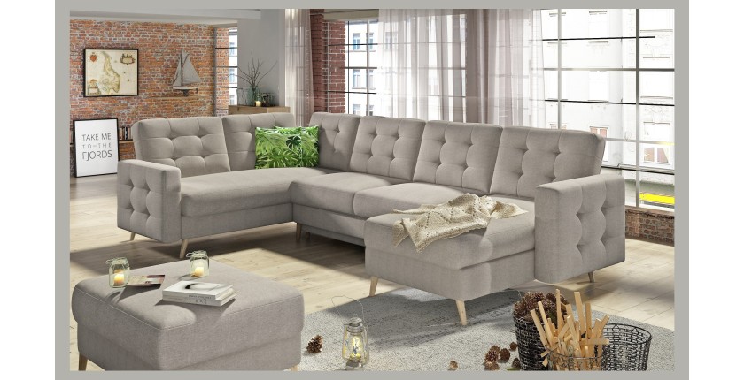 Canapé d’angle panoramique convertible HASGARD U 326 cm sable avec coffre 