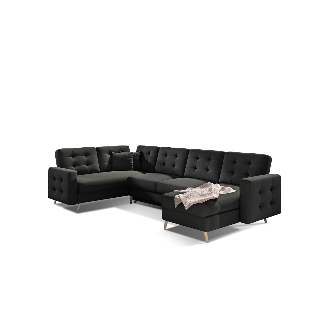 Canapé d’angle panoramique convertible HASGARD U 326 cm noir avec coffre 