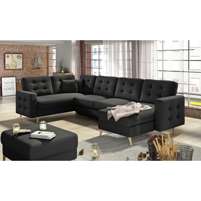 Canapé d’angle panoramique convertible HASGARD U 326 cm noir avec coffre 