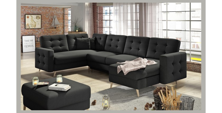 Canapé d’angle panoramique convertible HASGARD U 326 cm noir avec coffre 