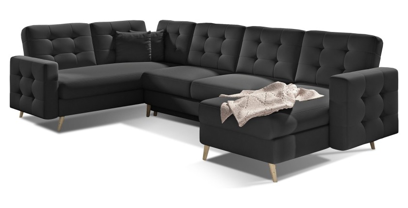 Canapé d’angle panoramique convertible HASGARD U 326 cm noir avec coffre 