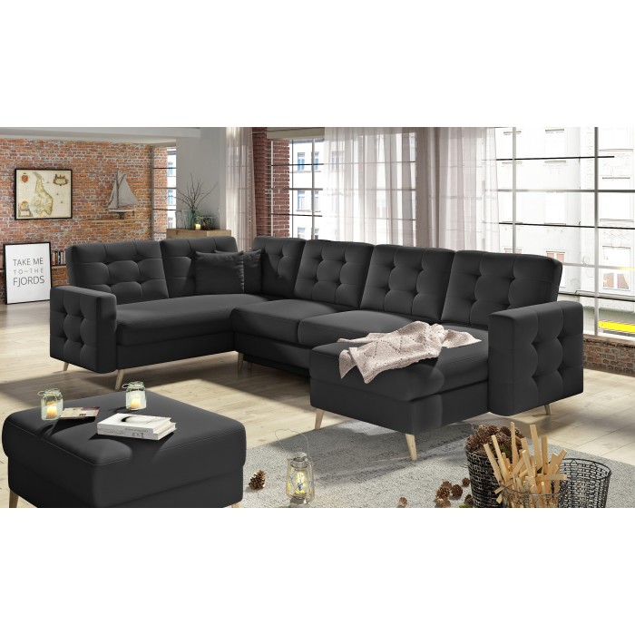 Canapé d’angle panoramique convertible HASGARD U 326 cm noir avec coffre 