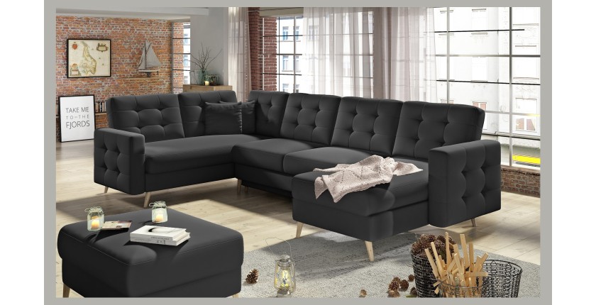 Canapé d’angle panoramique convertible HASGARD U 326 cm noir avec coffre 