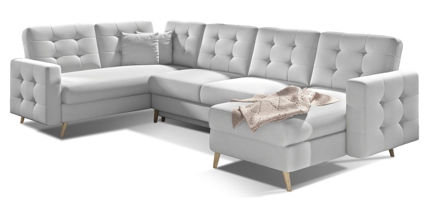Canapé d’angle panoramique convertible HASGARD U 326 cm blanc alpin avec coffre 
