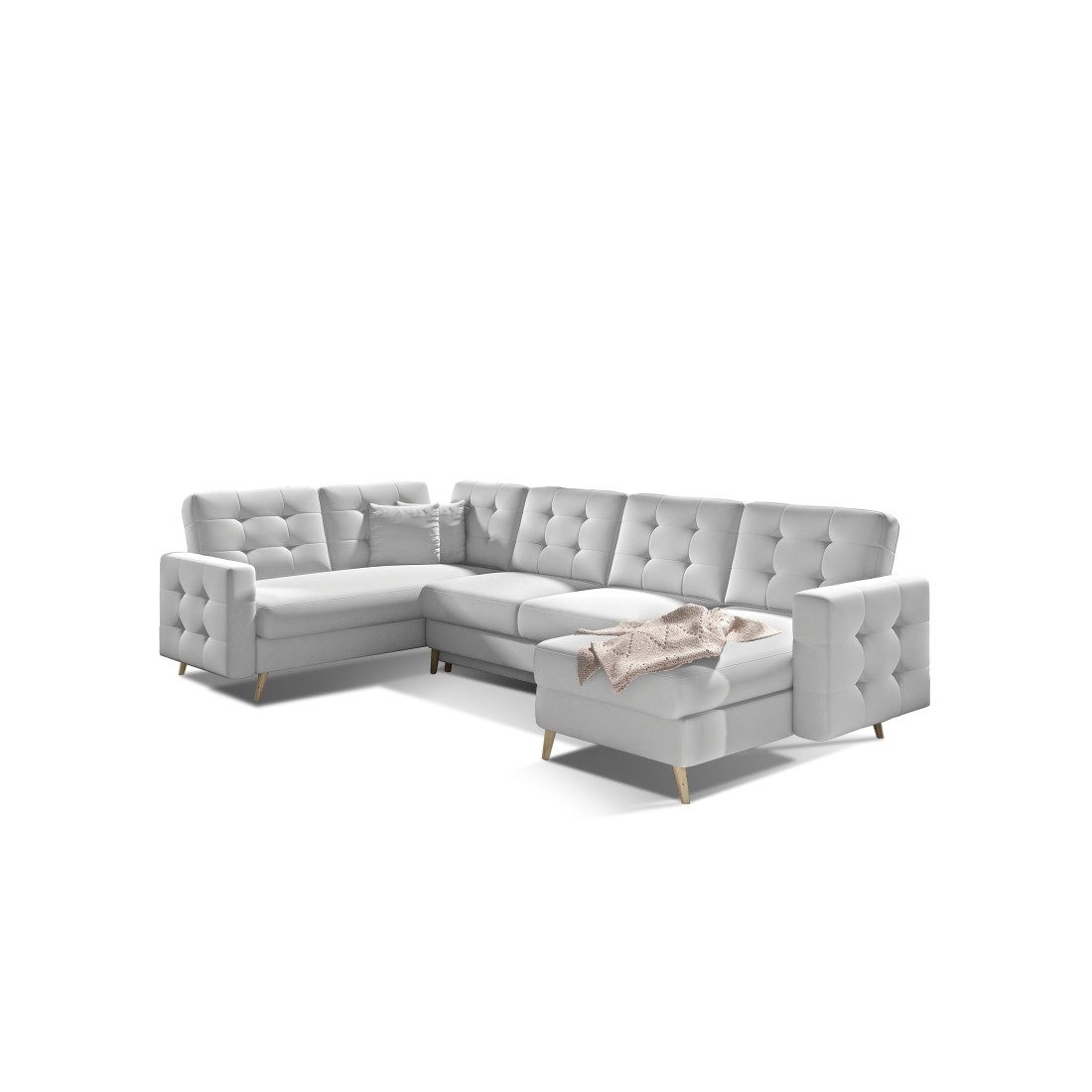 Canapé d’angle panoramique convertible HASGARD U 326 cm blanc alpin avec coffre 