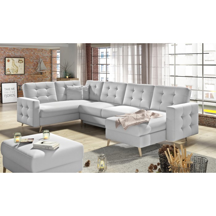 Canapé d’angle panoramique convertible HASGARD U 326 cm blanc alpin avec coffre 