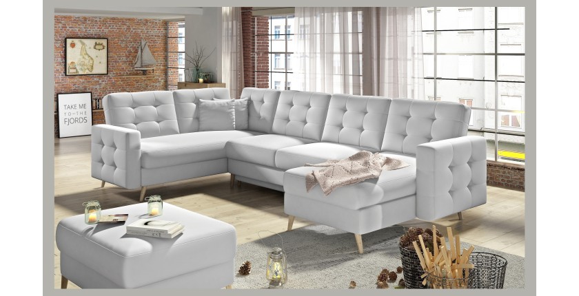 Canapé d’angle panoramique convertible HASGARD U 326 cm blanc alpin avec coffre 