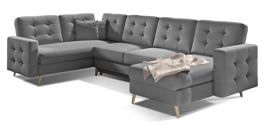 Canapé d’angle panoramique convertible HASGARD U 326 cm gris clair avec coffre 