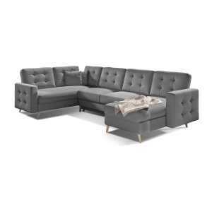 Canapé d’angle panoramique convertible HASGARD U 326 cm gris clair avec coffre 