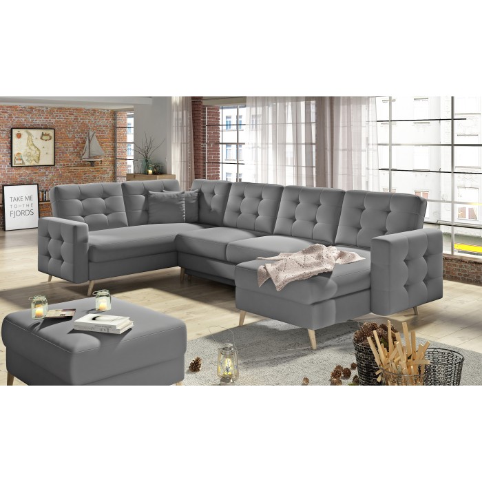 Canapé d’angle panoramique convertible HASGARD U 326 cm gris clair avec coffre 