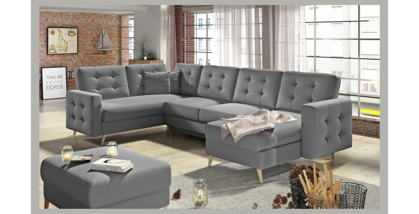Canapé d’angle panoramique convertible HASGARD U 326 cm gris clair avec coffre 