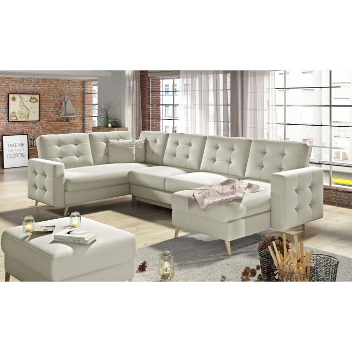 Canapé d’angle panoramique convertible HASGARD U 326 cm crème avec coffre 
