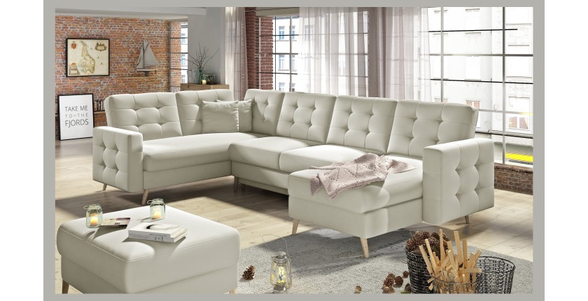 Canapé d’angle panoramique convertible HASGARD U 326 cm crème avec coffre 