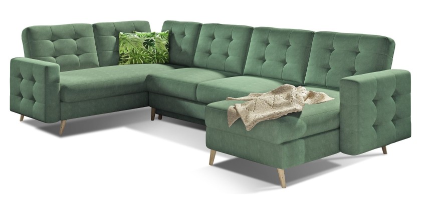 Canapé d’angle panoramique convertible HASGARD U 326 cm vert avec coffre 