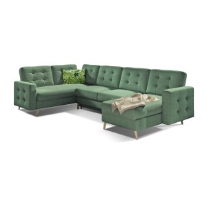 Canapé d’angle panoramique convertible HASGARD U 326 cm vert avec coffre 