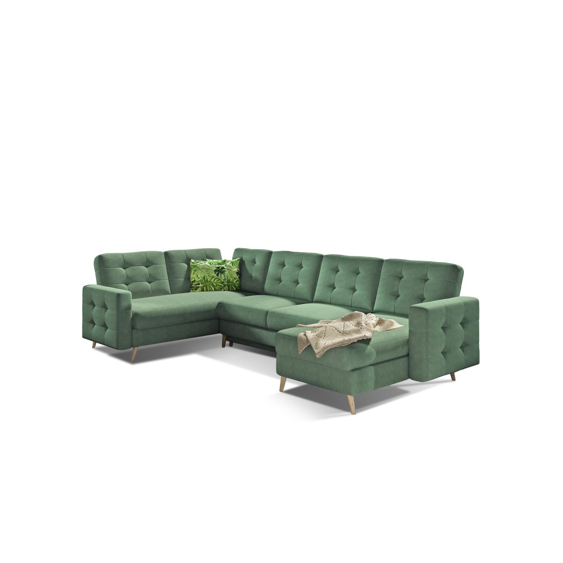 Canapé d’angle panoramique convertible HASGARD U 326 cm vert avec coffre 