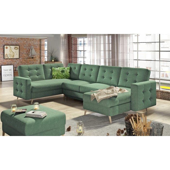 Canapé d’angle panoramique convertible HASGARD U 326 cm vert avec coffre 