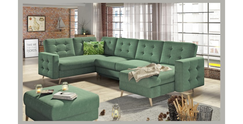 Canapé d’angle panoramique convertible HASGARD U 326 cm vert avec coffre 