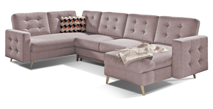 Canapé d’angle panoramique convertible HASGARD U 326 cm rose avec coffre 