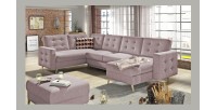 Canapé d’angle panoramique convertible HASGARD U 326 cm rose avec coffre 