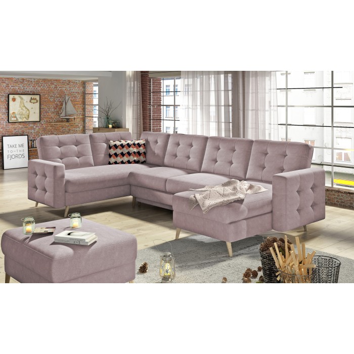 Canapé d’angle panoramique convertible HASGARD U 326 cm rose avec coffre 