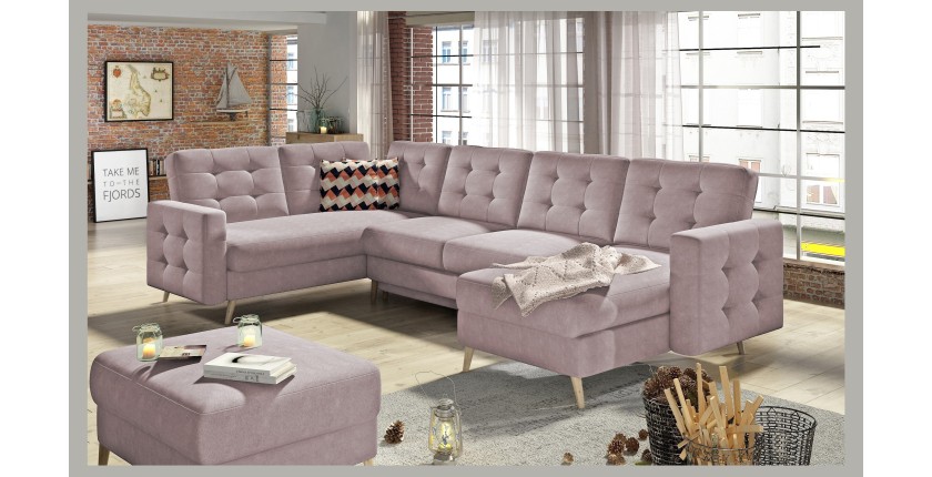 Canapé d’angle panoramique convertible HASGARD U 326 cm rose avec coffre 