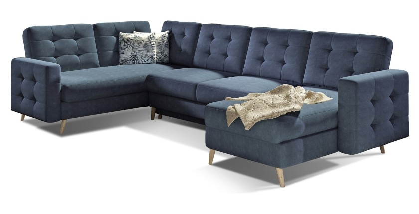 Canapé d’angle panoramique convertible HASGARD U 326 cm bleu pétrole avec coffre 