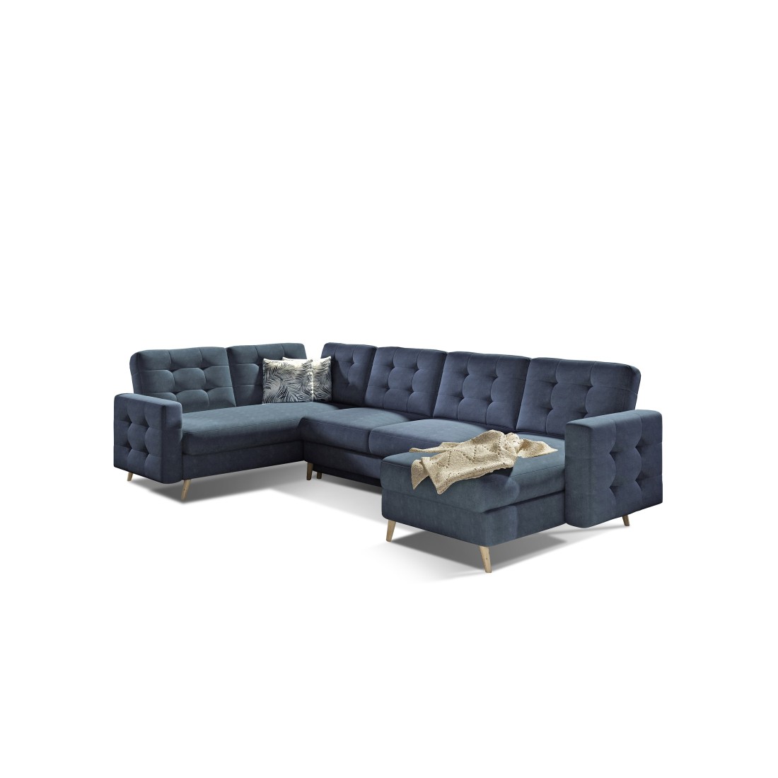 Canapé d’angle panoramique convertible HASGARD U 326 cm bleu pétrole avec coffre 
