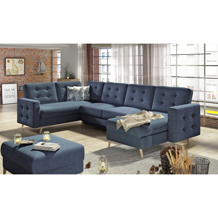 Canapé d’angle panoramique convertible HASGARD U 326 cm bleu pétrole avec coffre 