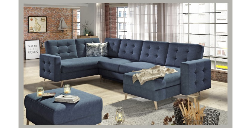 Canapé d’angle panoramique convertible HASGARD U 326 cm bleu pétrole avec coffre 