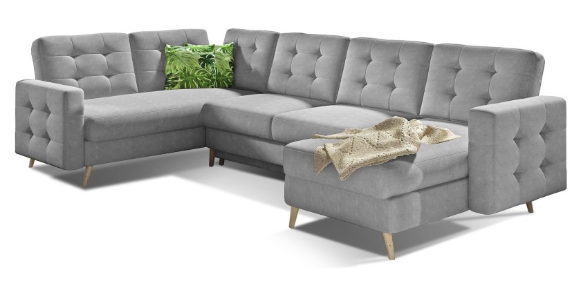Canapé d’angle panoramique convertible HASGARD U 326 cm gris clair avec coffre 